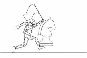 Continuous one line drawing astronaut running and holding flag beside horse chess piece. Celebrating triumph of intergalactic expedition. Cosmonaut outer space. Single line design vector illustration