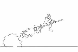 Continuous one line drawing Arab businessman riding broom rocket flying in the sky. Startup business launch. Unique products offered in market competition. Single line draw design vector illustration