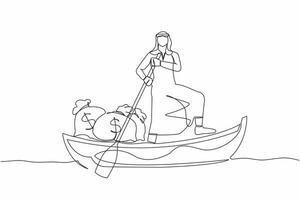 Single continuous line drawing Arabian businessman sailing away on boat with money bag. Office worker escape with money. Financial success and profit. One line draw graphic design vector illustration