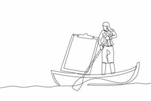 Single one line drawing businesswoman sailing away on boat with clipboard. Delivery worker with checklist and ship. Shipping documents. Modern continuous line draw design graphic vector illustration