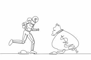Continuous one line drawing astronaut chasing money bag dollar in moon surface. Trying to achieve spaceship funding in startup industry. Cosmonaut outer space. Single line design vector illustration