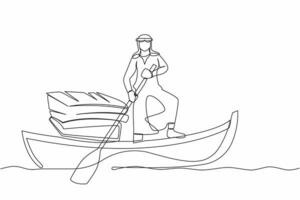 Single continuous line drawing Arab businessman sailing away on boat with stack of papers. Busy office worker manage documents, paperwork. Overworked concept. One line draw design vector illustration