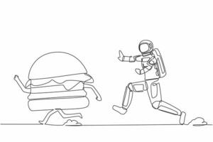 Single continuous line drawing of young astronaut run chasing hamburger in moon surface. Food estate industry in outer space. Cosmonaut deep space concept. One line design vector graphic illustration