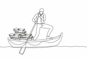 Single one line drawing businessman standing in boat and sailing with pile of banknote. Financial crime, tax evasion, money laundering, political corruption. Continuous line design vector illustration