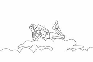 Single one line drawing young astronaut lay on clouds. Relaxes and resting after spaceship interstellar expedition. Cosmic galaxy space concept. Continuous line draw graphic design vector illustration