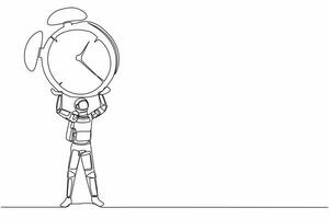 Single one line drawing of young astronaut lifting up big alarm clock in moon surface. Heavy burden in space expedition. Cosmic galaxy space concept. Continuous line graphic design vector illustration