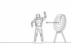 Continuous one line drawing astronaut with fist gesture in front of target board. Successful in complicated wormhole expedition. Cosmonaut outer space. Single line graphic design vector illustration