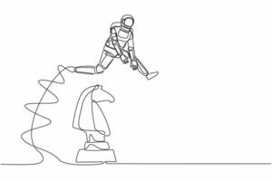 Single one line drawing astronaut jumping over chess horse knight. Brain intelligence for spaceship project. Tactical movement. Cosmic galaxy space. Continuous line graphic design vector illustration