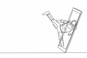 Single one line drawing of taekwondo astronaut in spacesuit doing kick pose getting out of smartphone screen. Online app taekwondo game. Cosmic galaxy space. Continuous line design vector illustration