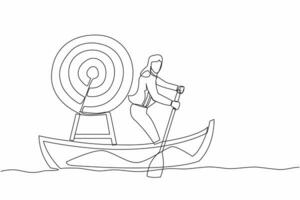 Continuous one line drawing businesswoman sailing away on boat with dartboard target.  Strategic planning company to win competition. Business mission. Single line design vector graphic illustration