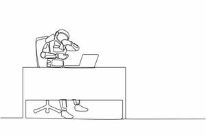 Single continuous line drawing astronaut crying while wiping tears using tissue at working desk. Failed in spaceship engineering. Cosmonaut deep space. One line draw graphic design vector illustration