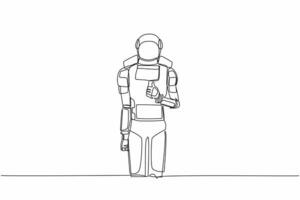 Single continuous line drawing of young astronaut standing with thumbs up gesture. Deal, like, agree, approve, accept. Cosmonaut deep space concept. Dynamic one line graphic design vector illustration