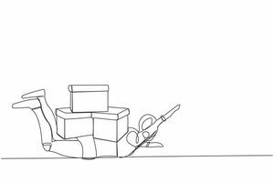 Continuous one line drawing stressed robot under heavy pile of box burden. Overworked robot with stack of cardboard. Humanoid robot cybernetic organism. Single line design vector graphic illustration