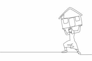 Continuous one line drawing Arabian businessman carrying heavy house on his back. Financial mortgage, need pay taxes expenses. Bank loan. Lease, finance. Single line design vector graphic illustration