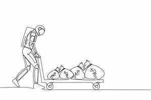 Continuous one line drawing astronaut push wheelbarrow with money bags in moon surface. Reward or profit after space exploration. Cosmonaut outer space. Single line graphic design vector illustration