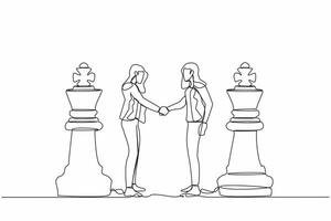 Continuous one line drawing two businesswomen shaking hands together while standing between of king chess pieces. Negotiation skill to deal with competitor. Single line draw design vector illustration