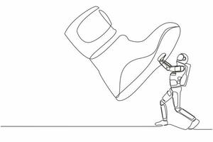 Single one line drawing young astronaut against giant shoes stomping. Spaceman push against giant foot step. Science development. Cosmic galaxy space. Continuous line draw design vector illustration