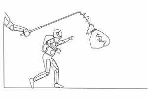 Single one line drawing hand with fishing rod and money bag control greedy astronaut. Selfishness to get more bonus from space industry. Cosmic galaxy space. Continuous line design vector illustration