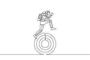 Single continuous line drawing astronaut running on target board in moon surface. Move forward in spaceship tech for galactic expedition. Cosmonaut deep space. One line draw design vector illustration