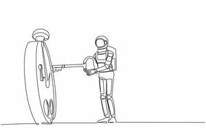 Continuous one line drawing young astronaut putting big key into stopwatch. Effective planning for productive work in space company. Cosmonaut outer space. Single line draw design vector illustration