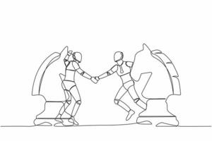 Single one line drawing robot competitors standing on horse chess piece, handshaking after finish agreement. Future technology development industry. Continuous line design graphic vector illustration