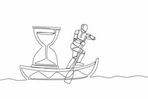 Single continuous line drawing robot sailing away on boat with hourglass. Business deadline in factory project. Future technology development process. One line draw graphic design vector illustration