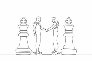 Single continuous line drawing two Arabian businesswomen shaking hands together while standing between of king chess pieces. Collaboration strategy to success together. One line graphic design vector