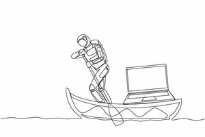 Single continuous line drawing astronaut sailing away on boat with laptop computer. High-tech to carry out intergalactic exploration missions. Cosmonaut deep space. One line design vector illustration