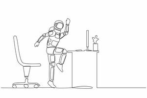 Single continuous line drawing happy astronaut jumping and dancing on his computer desk. Celebrating success space exploration. Cosmonaut deep space. One line draw graphic design vector illustration