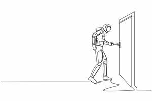 Single one line drawing astronaut insert key into keyhole which is on the door. Spaceman open office room door in moon surface. Cosmic galaxy space. Continuous line graphic design vector illustration