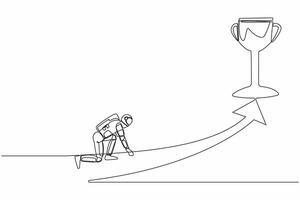 Continuous one line drawing young astronaut get ready to sprint run and get trophy. Planning in spaceship galactic journey. Cosmonaut outer space. Single line draw graphic design vector illustration