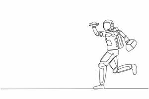 Single continuous line drawing young astronaut mechanic running with tool box in moon surface. Technical service on spaceship problem. Cosmonaut deep space. One line graphic design vector illustration