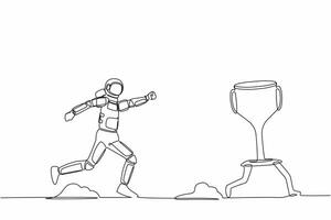 Single one line drawing astronaut trying to catch and running chasing after run away winner trophy. Losing in spaceship galaxy expedition competition. Continuous line draw design vector illustration