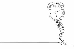 Single one line drawing young astronaut carrying heavy alarm clock on his back. Work pressure at spaceship project. Cosmic galaxy space concept. Continuous line draw design graphic vector illustration