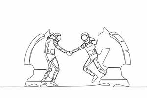 Single continuous line drawing of young astronaut competitors standing on horse chess piece, handshaking after finish agreement. Cosmonaut deep space. One line draw graphic design vector illustration