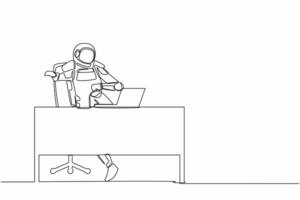 Single one line drawing scared young astronaut looking at laptop computer screen in working desk. Spaceship crash tragedy. Cosmic galaxy space. Continuous line draw graphic design vector illustration