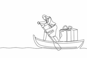 Single continuous line drawing businesswoman sailing away on boat with gift box. Year-end prizes for outstanding employees. Appreciation from company. One line draw graphic design vector illustration