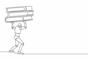 Continuous one line drawing tired robot carrying heavy pile paper folder on his back. Cyborg cannot cope with amount of work. Robot artificial intelligence. Single line draw design vector illustration