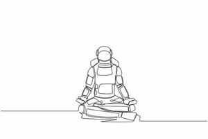 Single continuous line drawing happy astronaut sitting with yoga pose, meditation. Relaxed spaceman after galactic exploration. Cosmonaut deep space. One line draw graphic design vector illustration