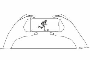 Continuous one line drawing football league live streaming on mobile phone. Man hand holding smartphone and watch spaceman football match. Cosmonaut outer space. Single line design vector illustration