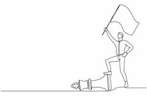 Continuous one line drawing businessman waving flag and overcoming other corporation piece. Defeat competitor in business as winning chess game tiny person. Single line draw design vector illustration