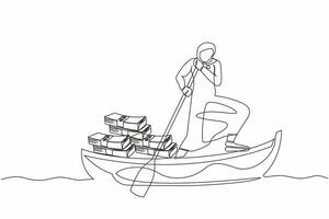 Continuous one line drawing Arab businesswoman standing in boat sailing with stack of paper money. Investment strategy. Financial planning at company. Single line design vector graphic illustration