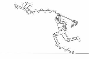 Single continuous line drawing of young astronaut try to catching flying key with butterfly net. Find key to solve spaceship problems. Cosmonaut deep space. One line design vector graphic illustration