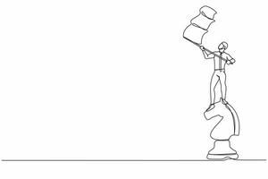 Single continuous line drawing businessman standing on top of big horse chess piece and waving a flag. Defeat competitors in business as winning chess game. One line graphic design vector illustration