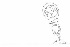 Single one line drawing of globe launching with light bulb. Startup travel world business acceleration. Future company and strategy planning concept. Continuous line design graphic vector illustration