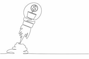 Continuous one line drawing pot of dollar coin plant launching with light bulb. Business profit investment, finance education, earning income development. Single line draw design vector illustration