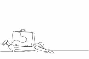 Continuous one line drawing Arabian businessman under heavy briefcase burden. Anxiety from work and overload. Pressure from too much responsibility. Single line draw design vector graphic illustration