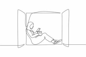 Continuous one line drawing Arab woman sitting on windowsill with coffee and enjoying rest time with smartphone. Female relaxing at home with mobile phone. Single line draw design vector illustration