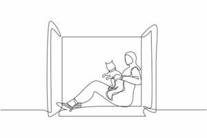 Single one line drawing young Arabian woman sitting on windowsill and holding cat. Happy girl with her pet, urban lifestyle. Resting during pandemic. Continuous line design graphic vector illustration