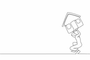 Single one line drawing Arab businesswoman carrying heavy house on her back. Worker struggle with financial payment, home expenses, bills and taxes. Continuous line graphic design vector illustration